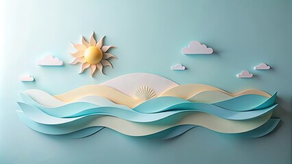 Obraz premium Minimalist Paper Art of Sun and Waves in Calm Colors for Tranquil Home Decor and Modern Aesthetics, Perfect for Posters and Creative Projects
