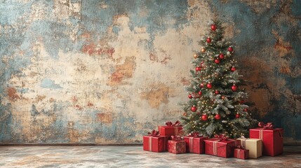 interior room with a Christmas tree and lot of parcels on a grunge wall