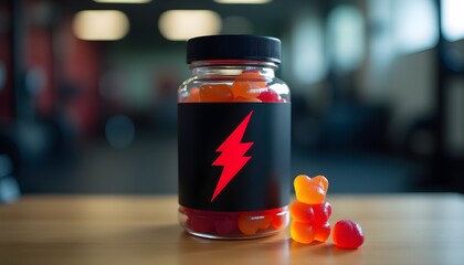 A jar of gummies with a lightning bolt, symbolizing energy and vitality, in a gym setting.