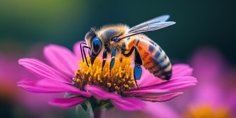 Bees actively pollinating and aiding in the growth of plants. Bees are depicted buzzing around colorful flowers, collecting pollen and nectar, Generative AI