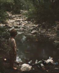 Obraz premium A young child looking at a polluted stream filled with plastic waste and debris.