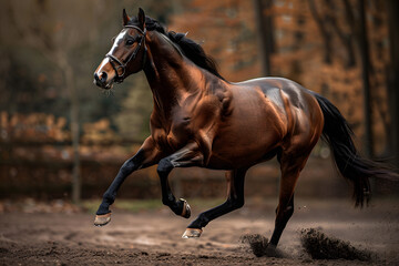 Obraz premium A majestic bay horse galloping through a forested area, showcasing its strength and elegance against a backdrop of autumn foliage.