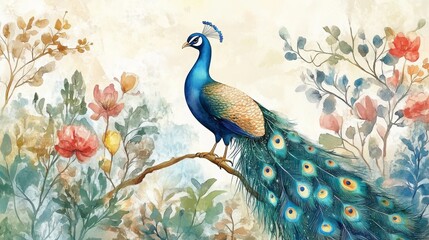 Fototapeta premium Traditional Mughal garden illustration. Mughal mural wallpaper design, birds, peacock, watercolor background. --