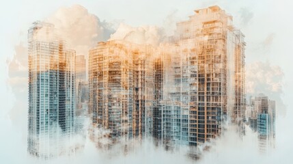A cluster of modern skyscrapers rises through dense clouds, blending architecture with surreal mist for a dreamlike urban atmosphere.