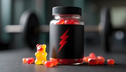 Jar of gummies with a lightning bolt label, surrounded by weights, symbolizing energy and fitness.