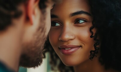 Obraz premium Close-up of couple's faces, man's beard visible.