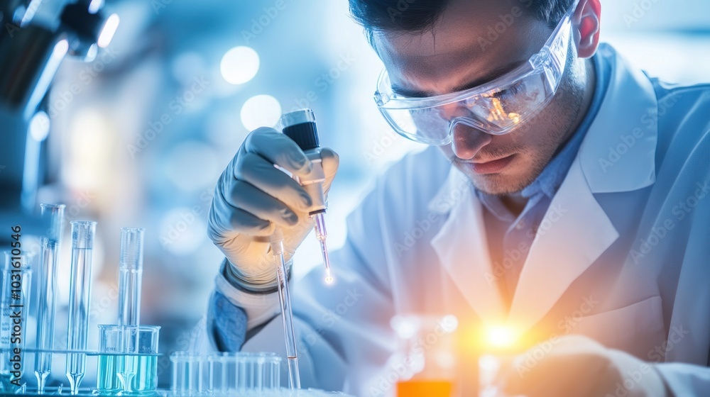 Poster Scientist in a Lab Coat Using a Pipette to Transfer Liquid