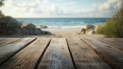Fototapeta premium Serene Beach View from Wooden Deck Perspective
