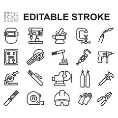 Fototapeta premium Metalworking Icon Set. Contains tool icons in metalworking such as drills, iron cutters, welding.