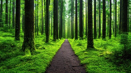 Fototapeta premium Tranquil forest path adorned with lush moss, sunlight gently filtering through the trees.