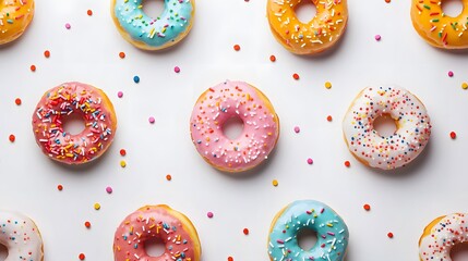 Donuts decorated icing and sprinkles on white background top view copy space pattern. 