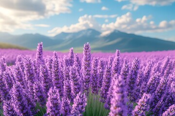 Obraz premium Scenic view of lavender field with mountains in the distance under blue sky