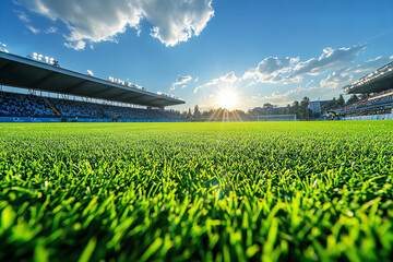 Lush green soccer field during sunset at a local stadium with bright stadium lights above