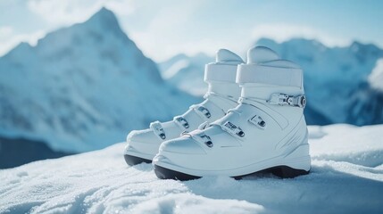 White winter ski shoes in snow and a landscape of mountains. 