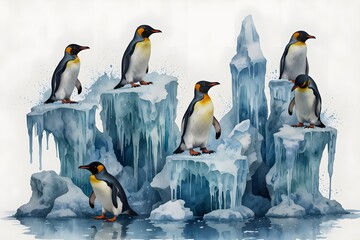 Fototapeta premium Penguins building ice sculptures in watercolor style