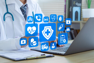Health Insurance, Medical technology, online health network concept. Doctor pointing Health and...