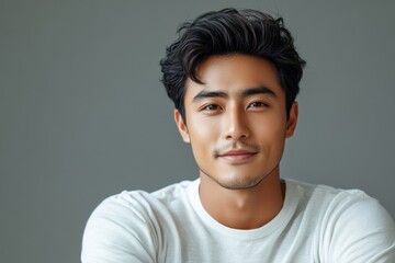Obraz premium Portrait of young handsome asian rapper smile at engineer studio, Generative AI
