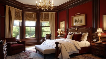 Elegant bedroom with a king-size bed, a red armchair, a chandelier, and a beautiful view from the windows.
