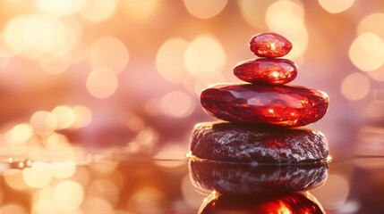 Obraz premium Stacked garnet stones with a soft light. Concept of mental state and concentration