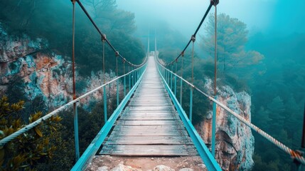 Fototapeta premium Serene Suspension Bridge in Foggy Landscape