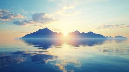 Fototapeta premium Mountainous Island Silhouetted Against a Sunset Sky Reflected in Calm Water