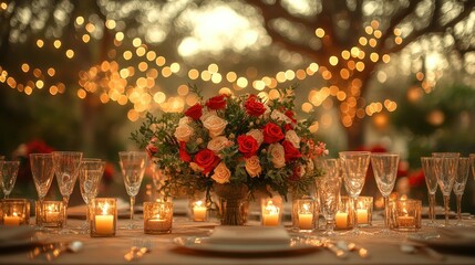 A beautifully decorated table with red and white roses, candles, and glasses, set in a garden with twinkling lights.