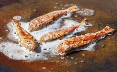 Four fish are frying in a pan with bubbles