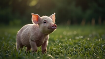 Fototapeta premium A pink piglet stands on a green grass field, looking at the camera with a cute expression.