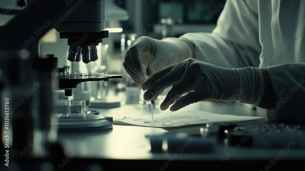 Poster Scientist in Lab Coat Using Dropper on Sample
