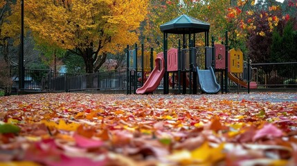 Empty playground covered in autumn leaves with a blurred foreground.