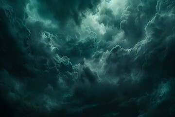 A plane flying through a dark cloud filled sky