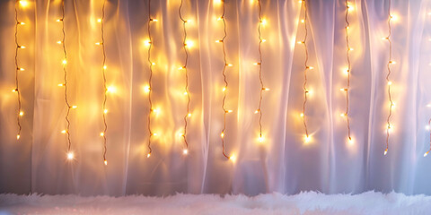 white led lights garland on white wall with copy space