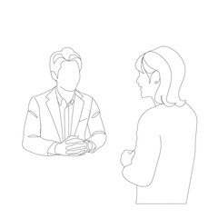 テーブルの対面で座り会話する男女の上半身のイラスト　線画