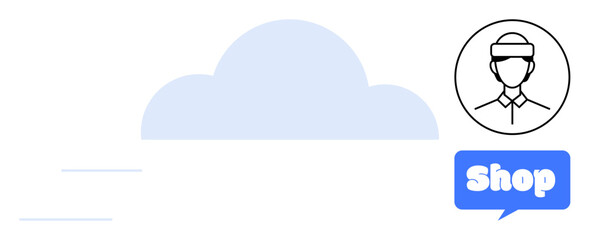 Cloud icon in the center, silhouette of a person inside a circle on the right, and a blue bubble with the word shop. Ideal for e-commerce, customer support, tech services, cloud computing, digital