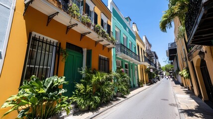 Fototapeta premium Vibrant street lined with colorful houses featuring large windows and lush greenery, exuding charm and character.