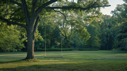 Obraz premium Peaceful Swing Under Large Tree in Lush Green Park
