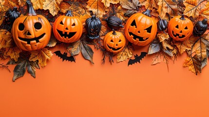 A row of Halloween pumpkins with carved faces arranged on a bed of autumn leaves with an orange background

