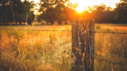Serene Sunset Over Golden Field and Rustic Post