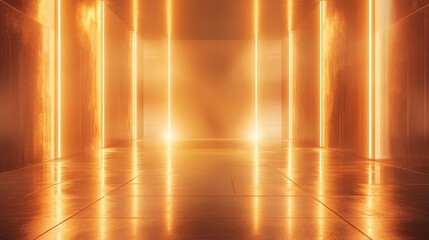 A minimalist stage with holographic lines glowing across golden-lit walls, smooth metallic floor, ethereal atmosphere, futuristic design, warm tones, detailed 3D rendering, elegant simplicity