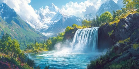 Fototapeta premium A waterfall plunges into a serene lake, nestled amidst snow-capped