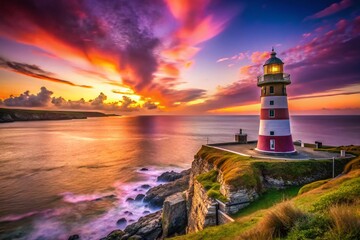 Fototapeta premium Smeaton's Sunset: Breathtaking Tilt-Shift Photography of a Coastal Landmark at Dusk