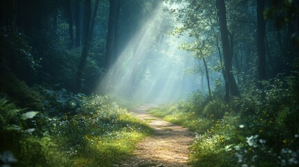 Obraz premium Sunlight beams through misty forest path.