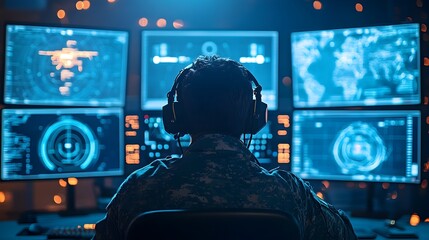 Close up view of a sophisticated combat drone control station featuring digital displays radar interfaces and advanced monitoring and targeting systems for military and strategic defense