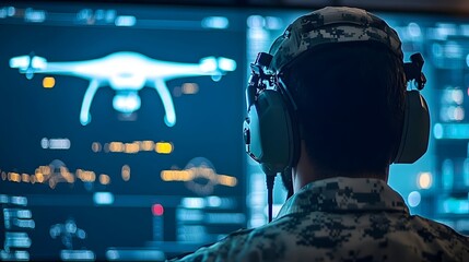 Close up view of an advanced combat drone control station with digital displays control interfaces and real time data feed