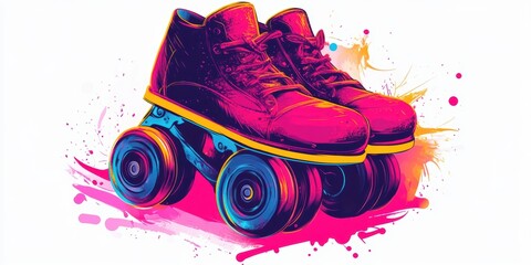 Obraz premium Colorful roller skates with paint splatter.