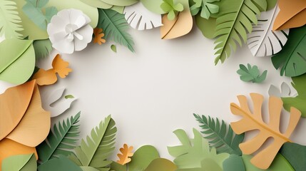 Fototapeta premium Vibrant paper leaves and flowers arranged in a decorative frame on a neutral background.