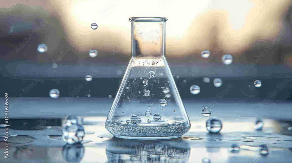 Poster a glass flask with water and bubbles on a reflective surface
