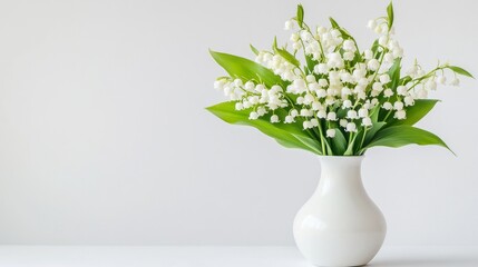 A bouquet of white lily of the valley flowers in a white vase on a white surface, with copy space on the left.