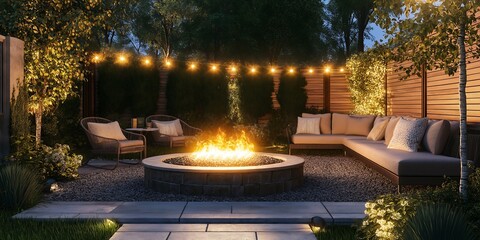 Obraz premium fireplace in the park, Inviting Outdoor Patio with Stylish Seating, Lush Greenery, and Cozy Ambiance Ideal for Entertaining Guests, Relaxing Evenings, and Summer Gatherings