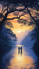Fototapeta premium Serene sunset over a river with two figures walking, surrounded by lush trees and mountains.